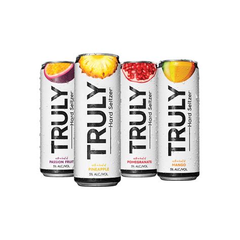 Truly tropical - Truly Hard Seltzer is a refreshing alternative to beer, wine, & cocktails. It's crisp & clean like seltzer with 5% alc./vol., only 100 calories and 1g sugar. Skip to Main Content. Flavors; ... Tropical Mix Pack; Find Near Me. Hard Seltzer With Juice From Concentrate And With Other Natural Flavors. Nutrition Facts Per 12oz Serving; 5% abv: 100 Cal: 1G Sugar: 2G …